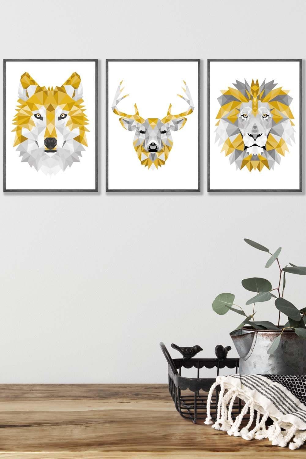 Geometric Yellow Grey Animal Heads Framed Wall Art - Medium